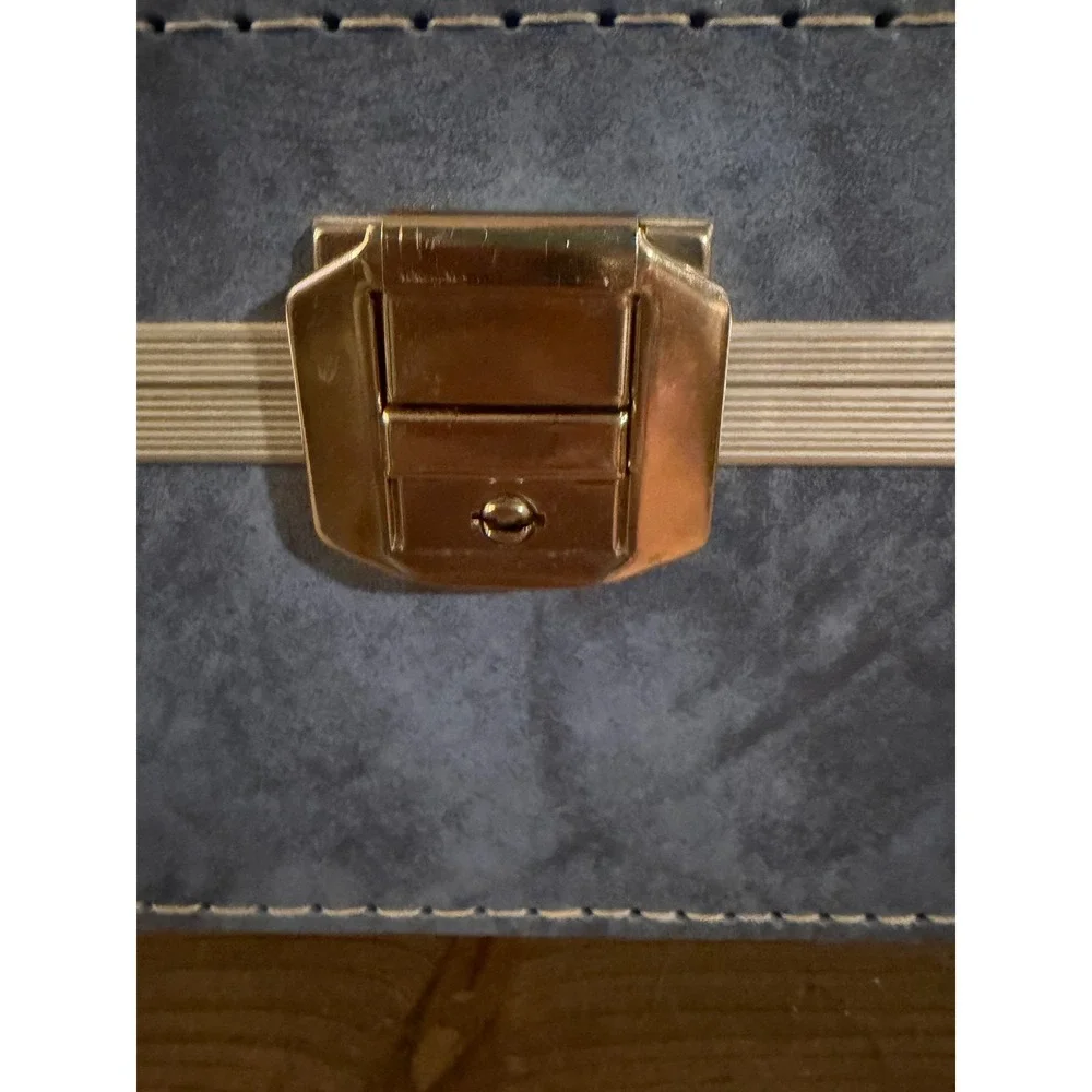 Vintage Blue Faux Leather Train Case Vanity Makeup‎ Travel Bag with Mirror
